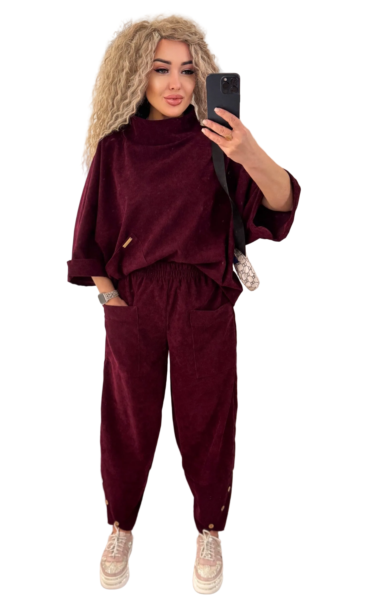 Boho Corduroy Two Piece Suit Women Burgundy Oversized Top Elastic Waist Pants