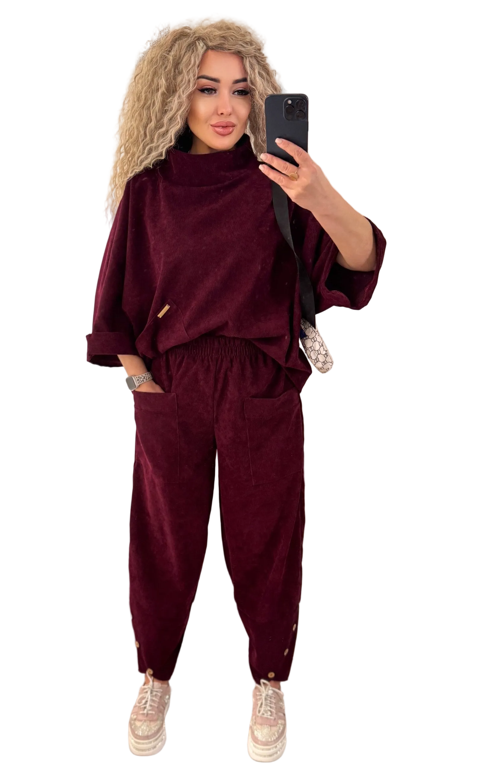 Boho Corduroy Two Piece Suit Women Burgundy Oversized Top Elastic Waist Pants