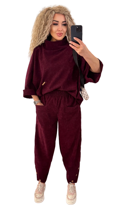 Boho Corduroy Two Piece Suit Women Burgundy Oversized Top Elastic Waist Pants