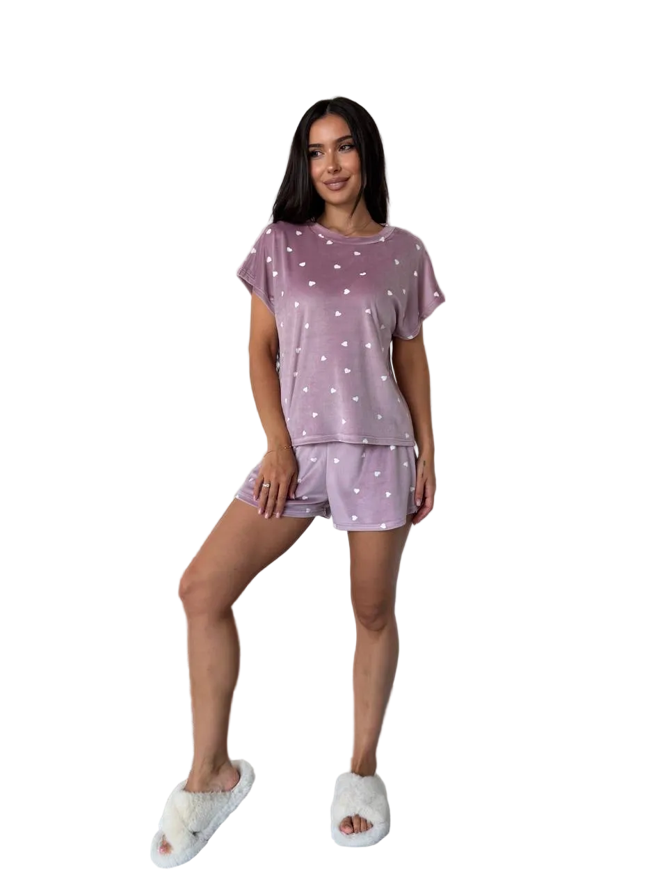 Women Velour Pajama Set Mauve Heart Print Loose Top Shorts with Bow