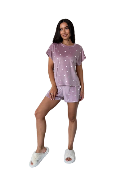 Women Velour Pajama Set Mauve Heart Print Loose Top Shorts with Bow
