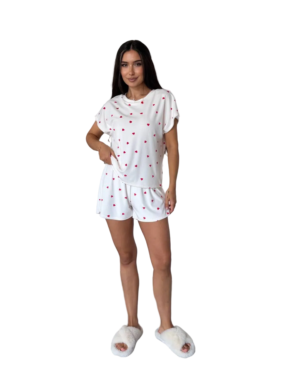 White Velour Pajama Set Womens Heart Print Shorts Loose Top