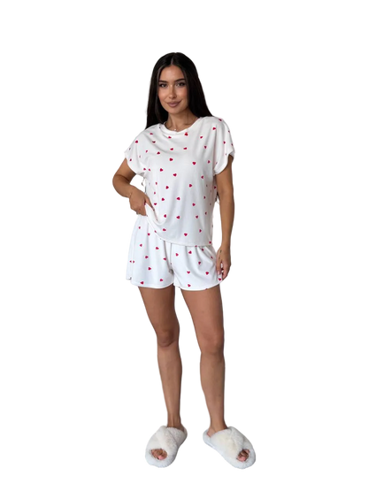 White Velour Pajama Set Womens Heart Print Shorts Loose Top