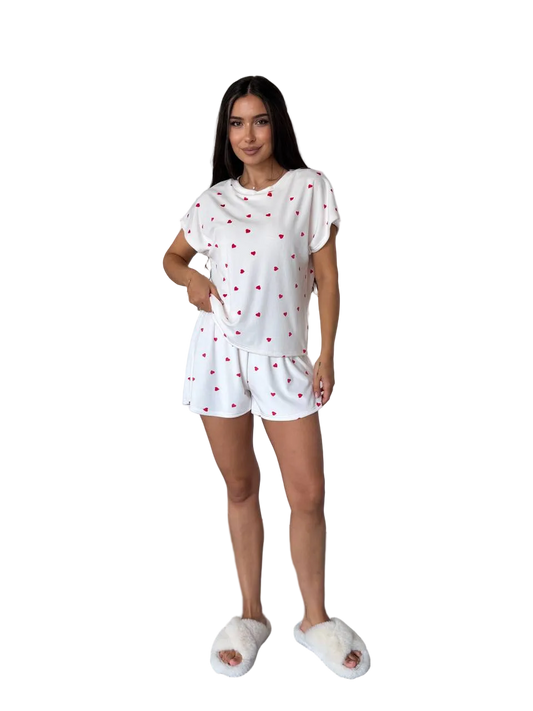 White Velour Pajama Set Womens Heart Print Shorts Loose Top