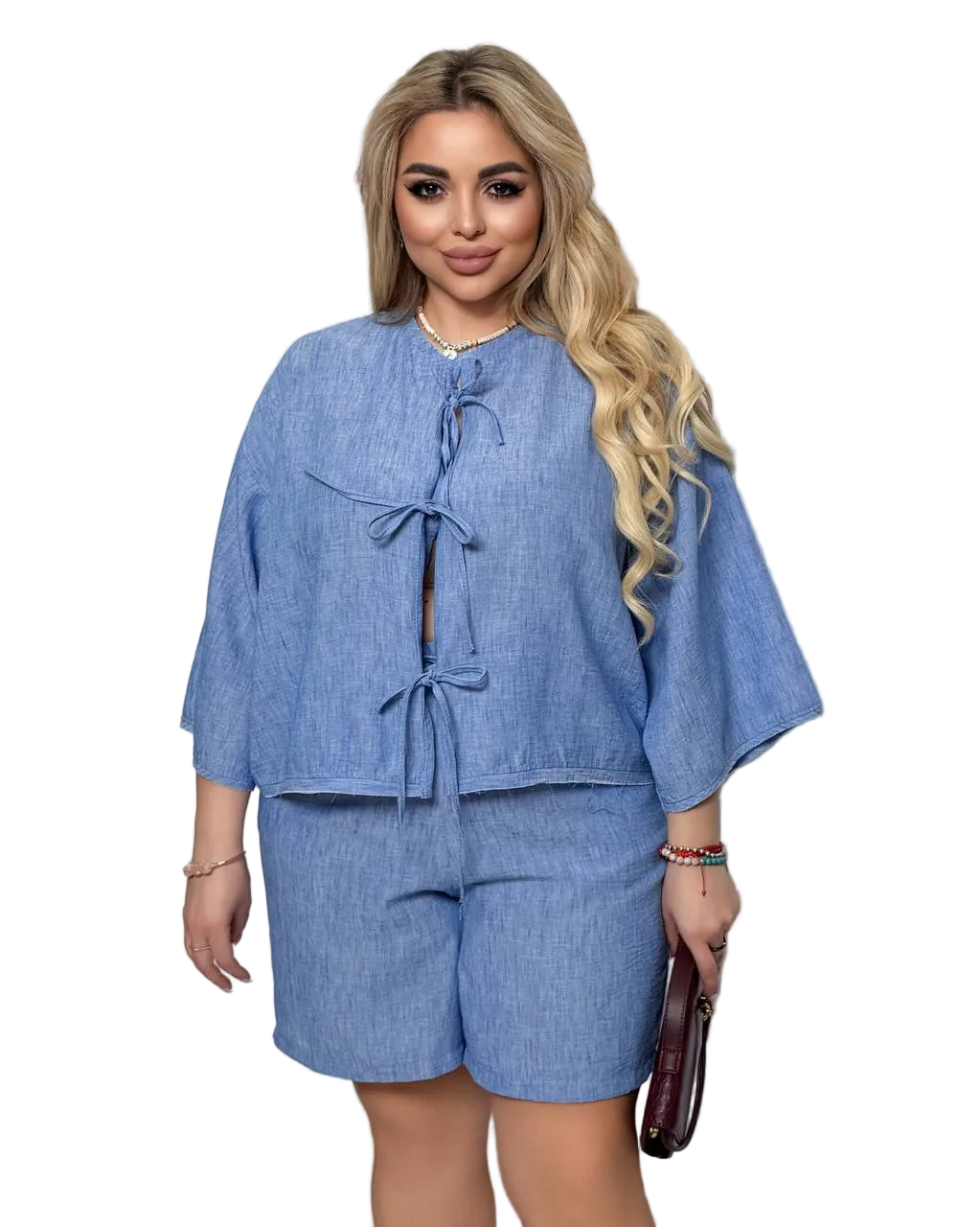Blue Linen Melange Oversize Kimono Top and Shorts Set Women Summer Linen Set