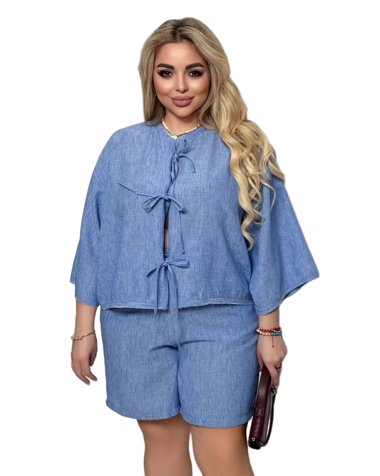Blue Linen Melange Oversize Kimono Top and Shorts Set Women Summer Linen Set