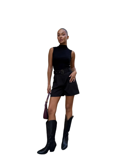 Black High Waist Tailored Bermuda Shorts with Belt