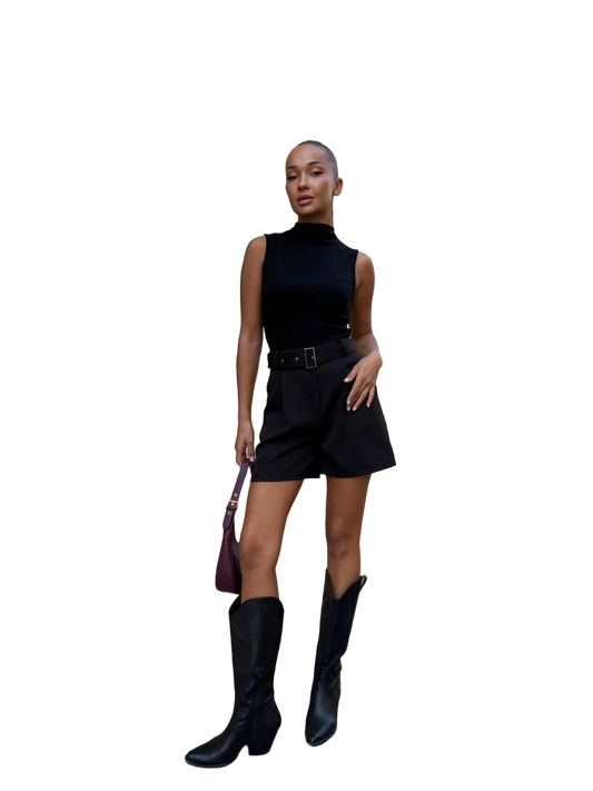 Black High Waist Tailored Bermuda Shorts with Belt