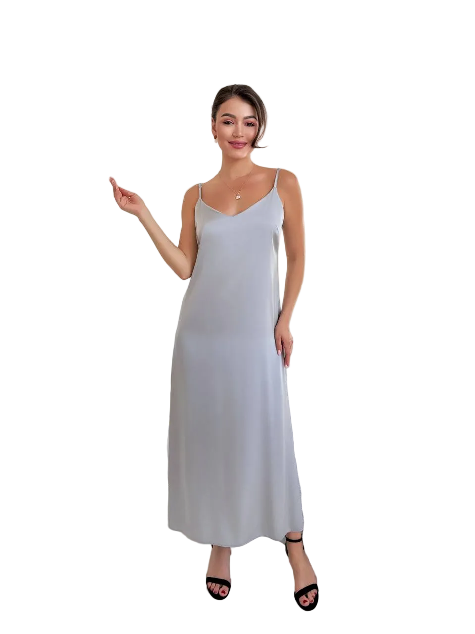 Light Gray Satin Slip Midi Dress V Neck Adjustable Straps Lingerie Style