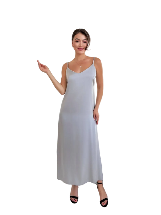 Light Gray Satin Slip Midi Dress V Neck Adjustable Straps Lingerie Style