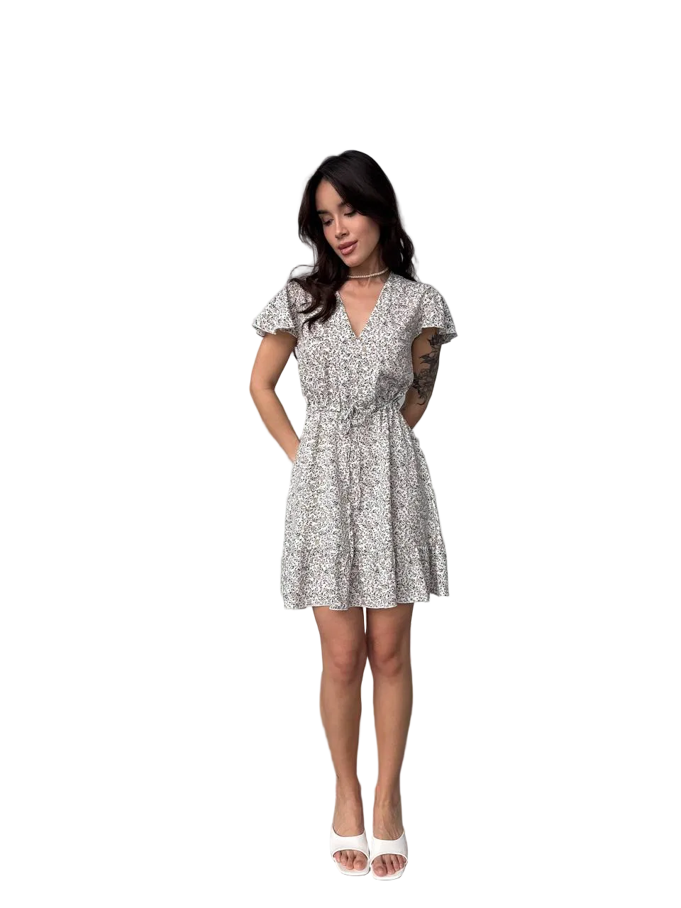 V Neck Short Sleeve Floral Dress with Drawstring Waist Shtapel Fabric