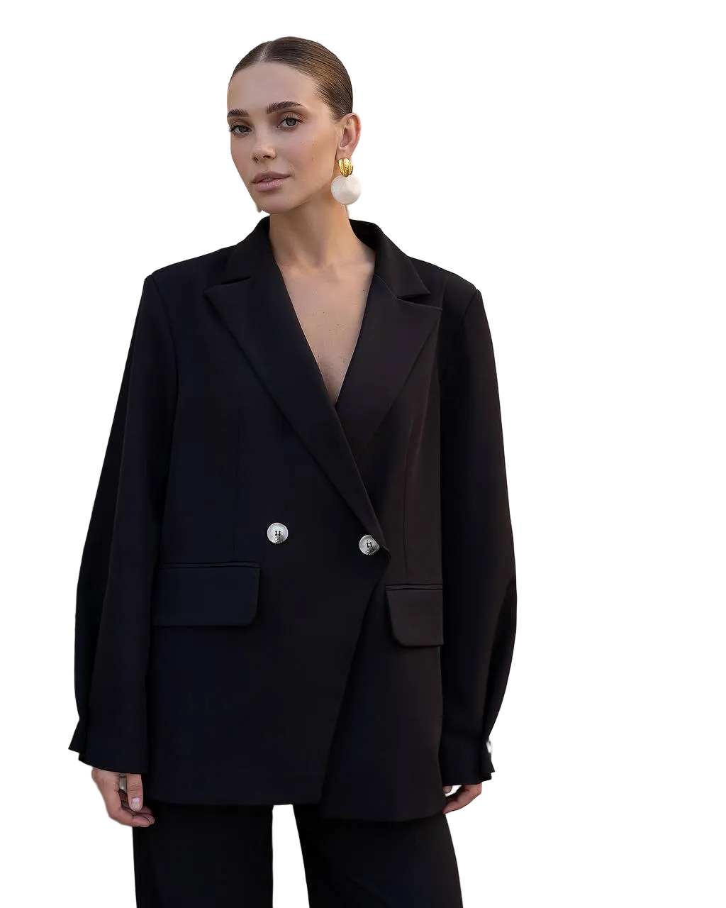 Womens Black Blazer Suit Crepe Diagonal Double Breasted Tailored Jacket