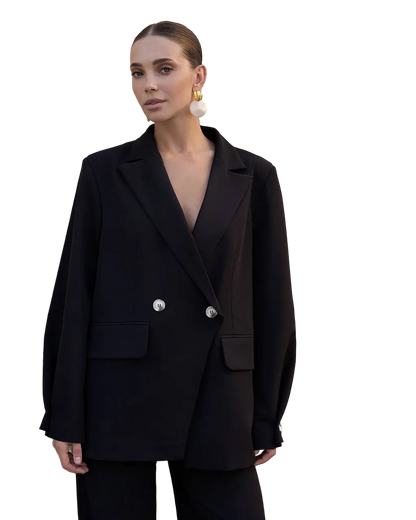 Womens Black Blazer Suit Crepe Diagonal Double Breasted Tailored Jacket