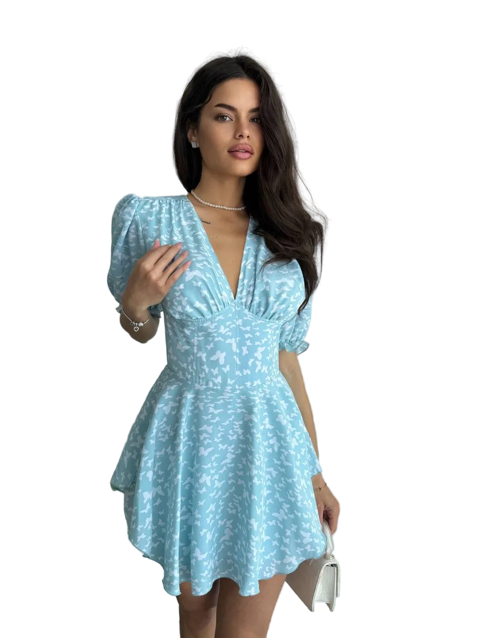 Light Blue Corset Jumpsuit Dress Women V Neck Puff Sleeve Back Zipper Soft Fabric