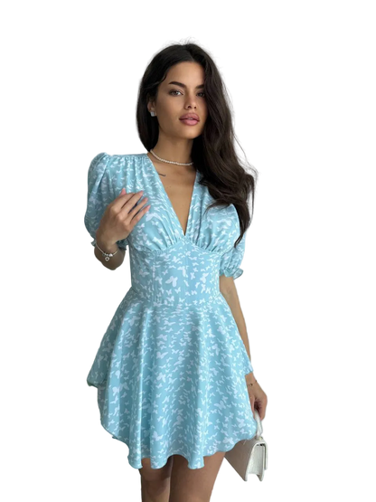 Light Blue Corset Jumpsuit Dress Women V Neck Puff Sleeve Back Zipper Soft Fabric