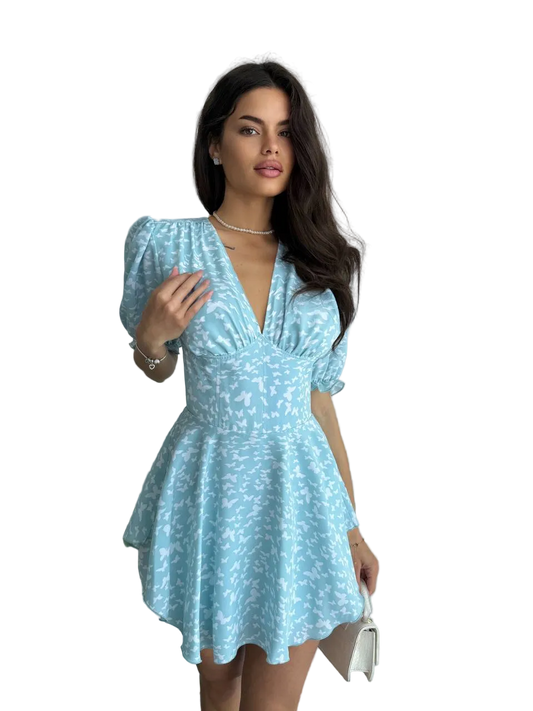 Light Blue Corset Jumpsuit Dress Women V Neck Puff Sleeve Back Zipper Soft Fabric