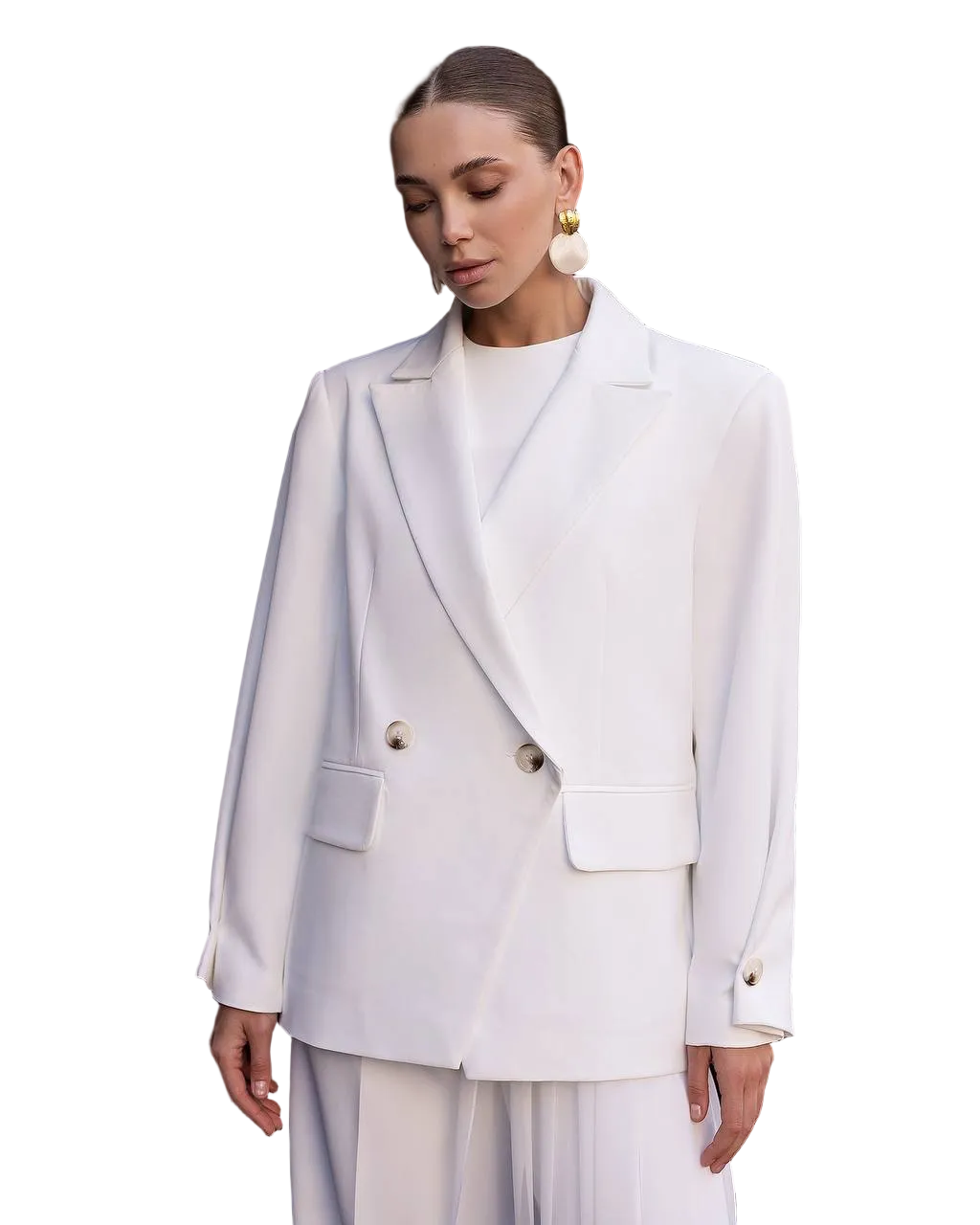White Double Breasted Womens Blazer Suit Crepe Diagonal Tailored Jacket