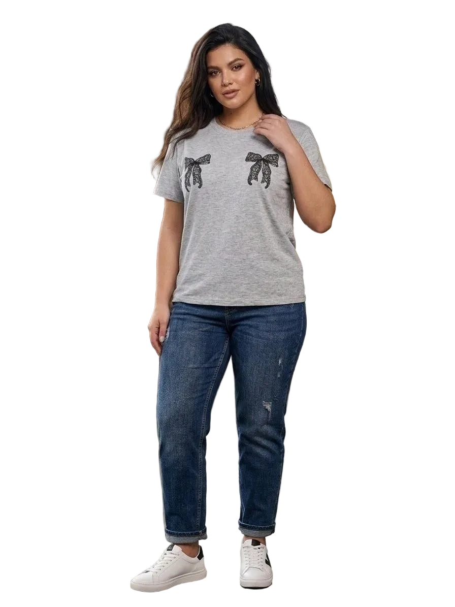 Women Grey T Shirt Kulir Knit Casual Short Sleeve Tee