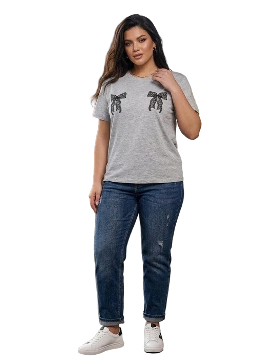 Women Grey T Shirt Kulir Knit Casual Short Sleeve Tee