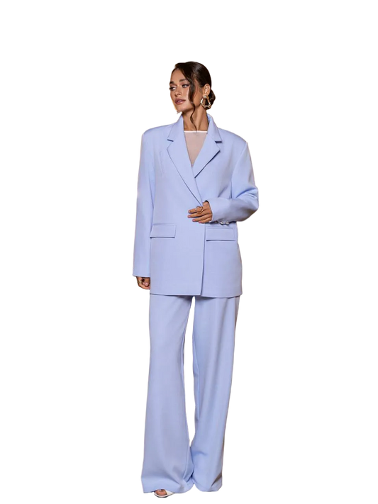 Powder Blue Diagonal Crepe Womens Suit Oversized Blazer Wide Leg Pants