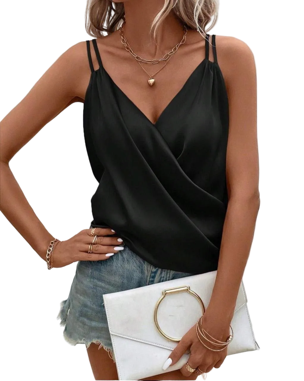 Black Italian Silk Cami Tank Top V Neck Draped Wrap Blouse Womens