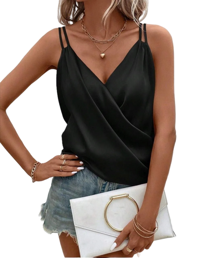 Black Italian Silk Cami Tank Top V Neck Draped Wrap Blouse Womens