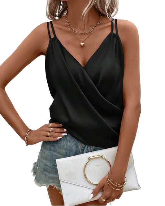 Black Italian Silk Cami Tank Top V Neck Draped Wrap Blouse Womens