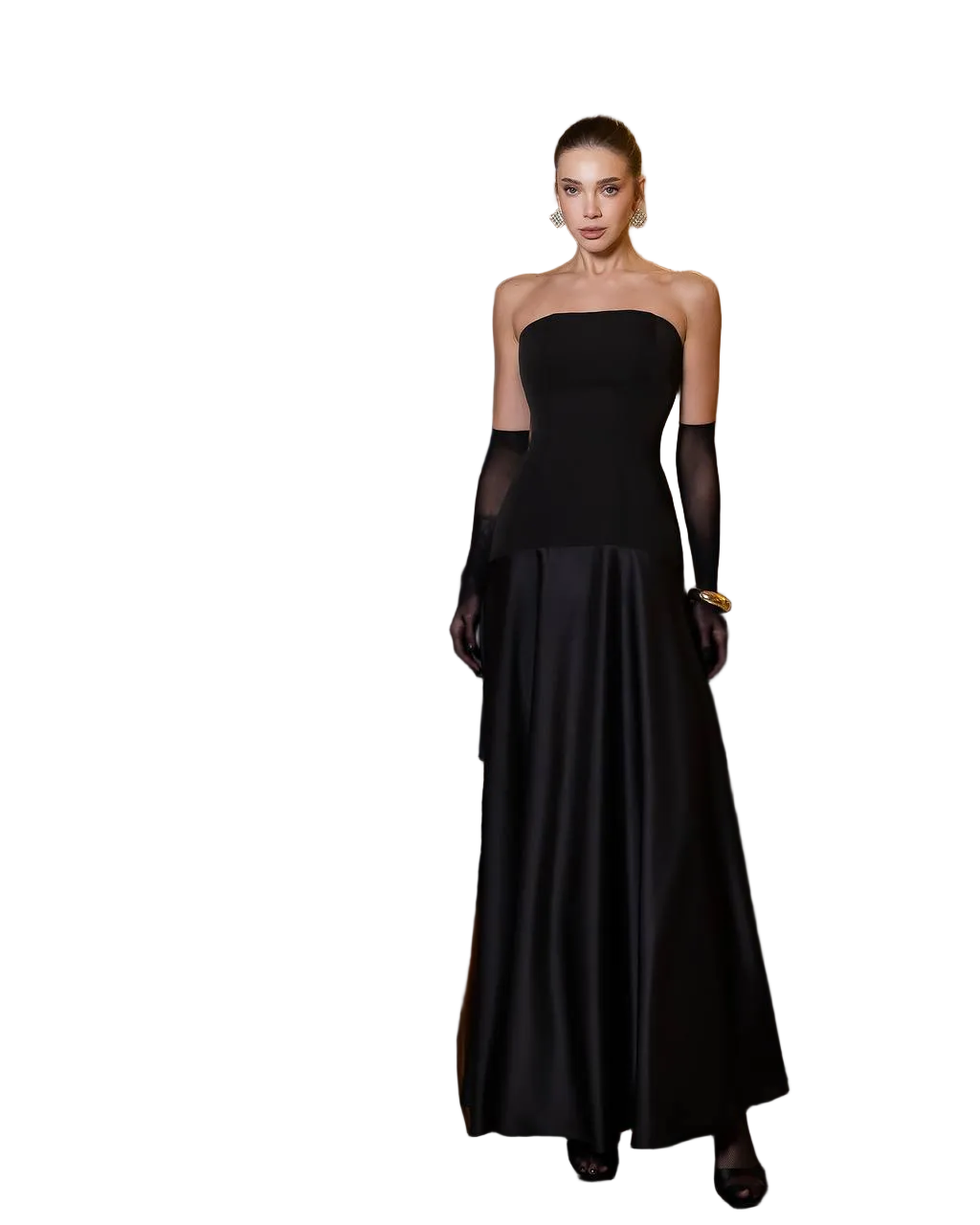 Black Strapless Slip Dress Satin and Crepe Diagonal Evening Gown