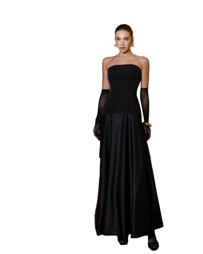 Black Strapless Slip Dress Satin and Crepe Diagonal Evening Gown