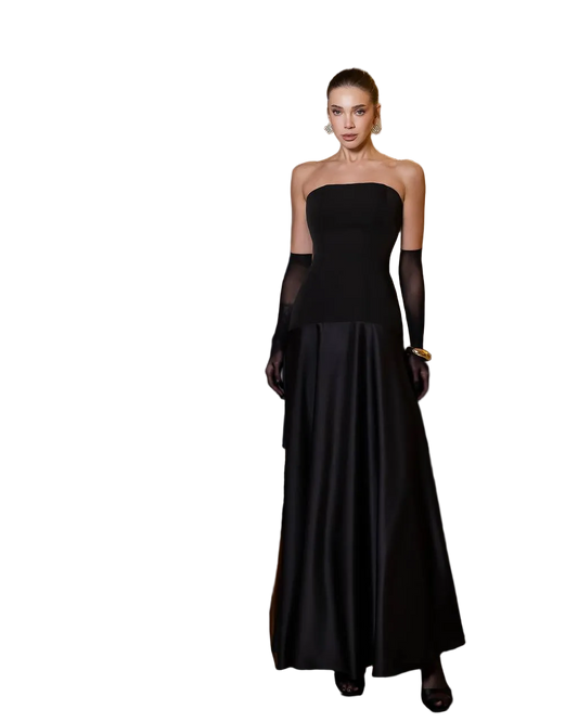 Black Strapless Slip Dress Satin and Crepe Diagonal Evening Gown