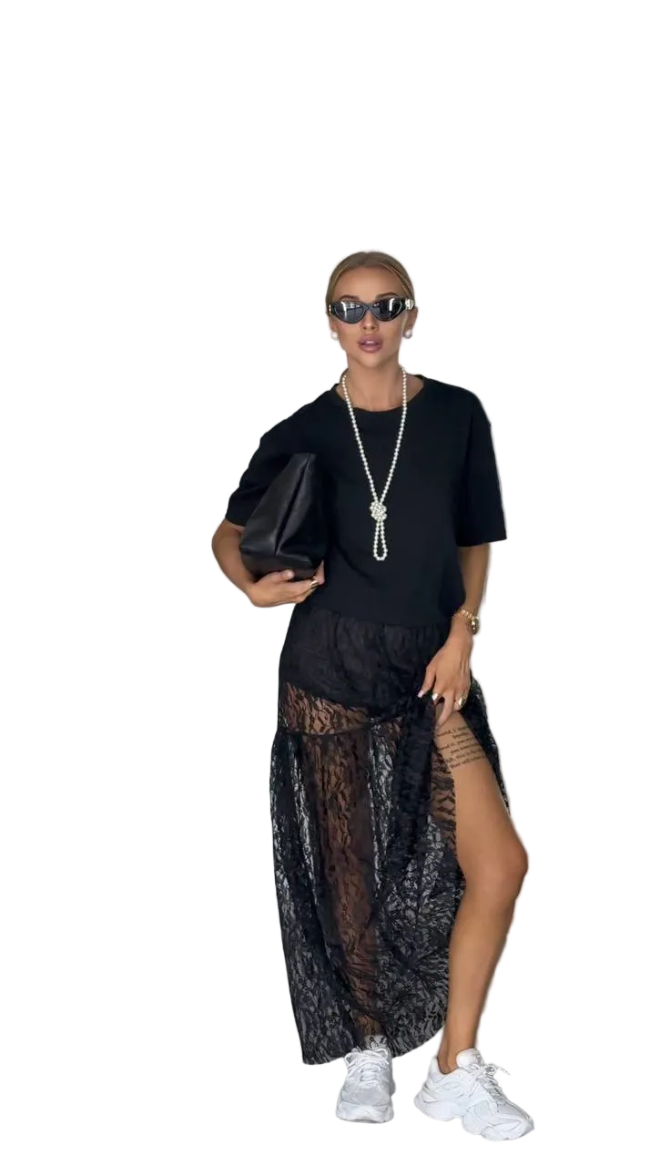 Black Lace Maxi Skirt Sheer Overlay with Knit Lining Women