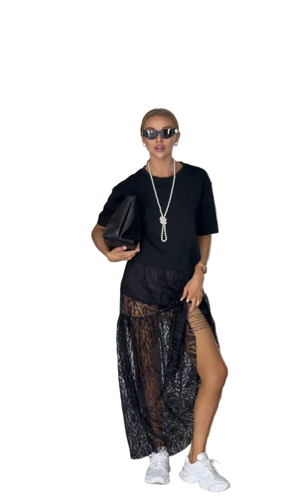Black Lace Maxi Skirt Sheer Overlay with Knit Lining Women