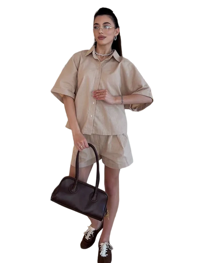 Beige Linen Two Piece Suit Women Shirt and Shorts Summer Linen Set