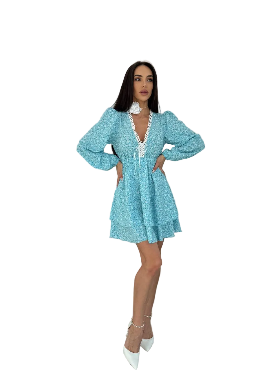 Light Blue Floral Tiered Mini Dress Soft Fabric V Neck Long Sleeve