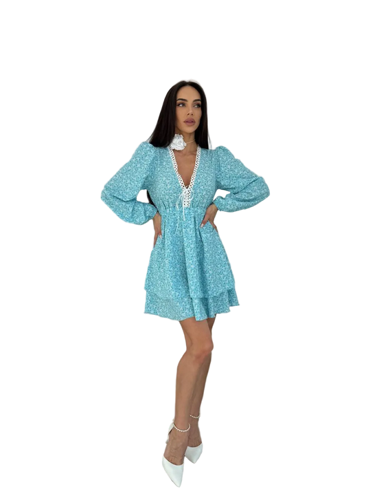 Light Blue Floral Tiered Mini Dress Soft Fabric V Neck Long Sleeve