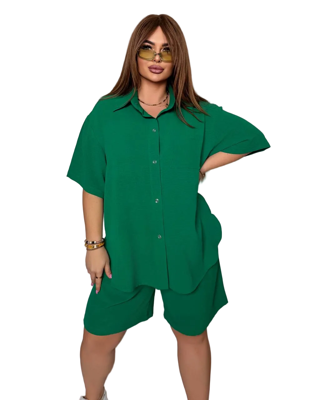 Green Plus Size Two Piece Crepe Soft Set Button Shirt and High Waist Shorts
