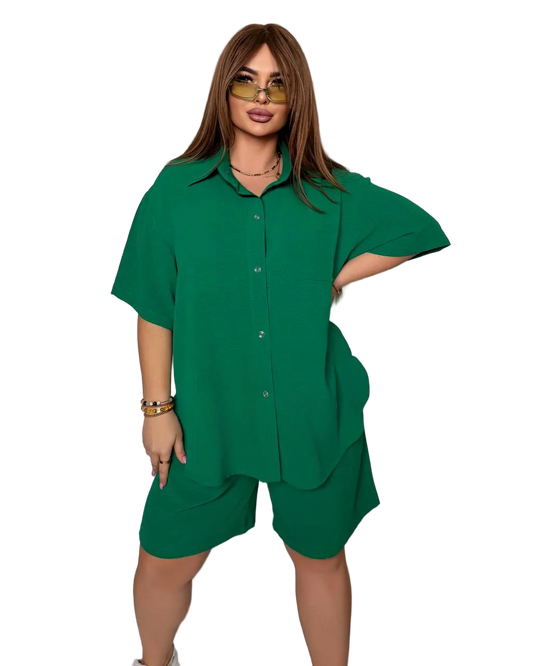 Green Plus Size Two Piece Crepe Soft Set Button Shirt and High Waist Shorts