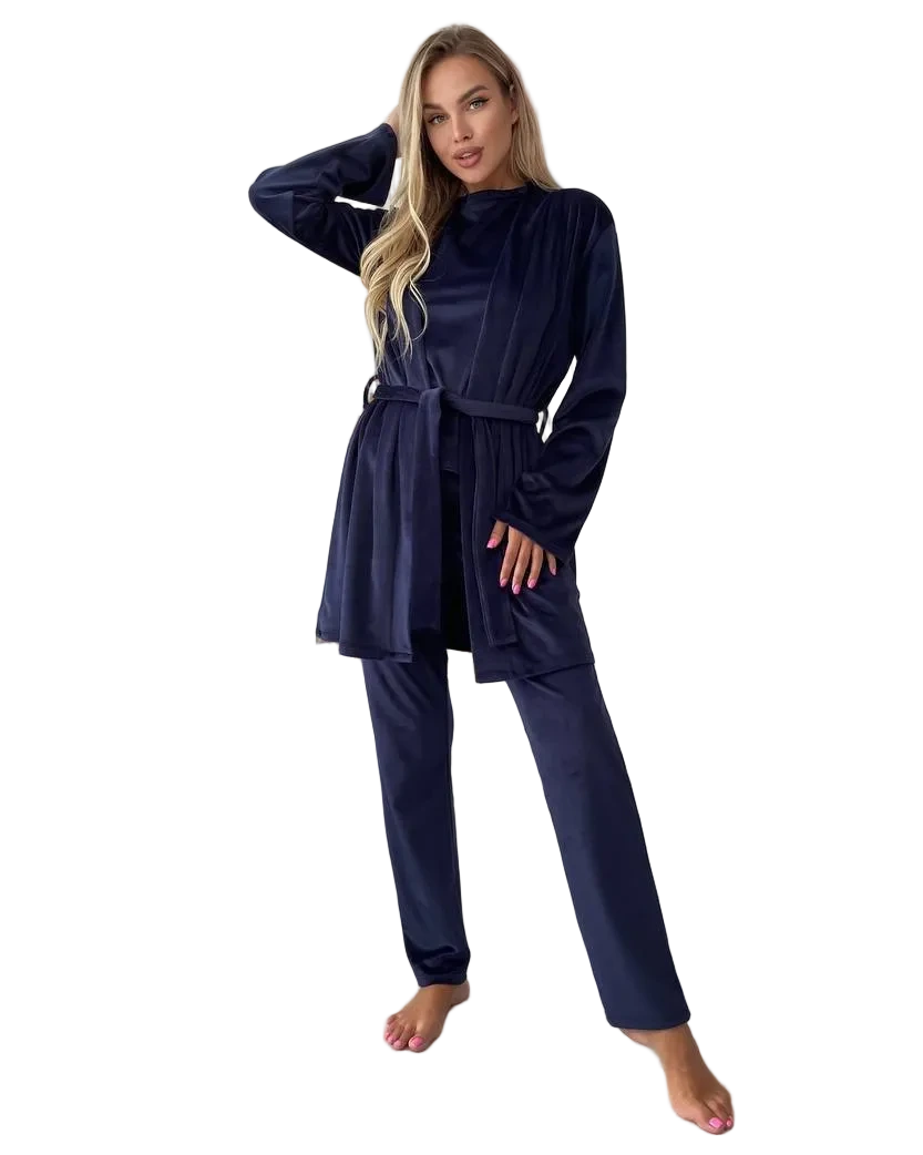 Navy Three Piece Women Pajama Set Soft Stretch Loungewear