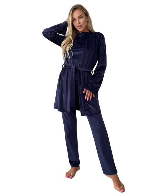 Navy Three Piece Women Pajama Set Soft Stretch Loungewear