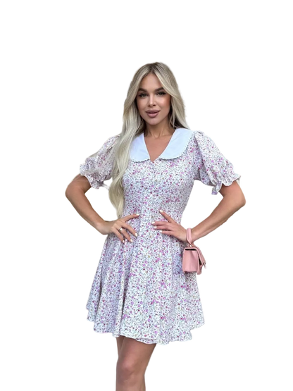 White Pink Floral Summer Dress Peter Pan Collar Puff Sleeve Skater Dress