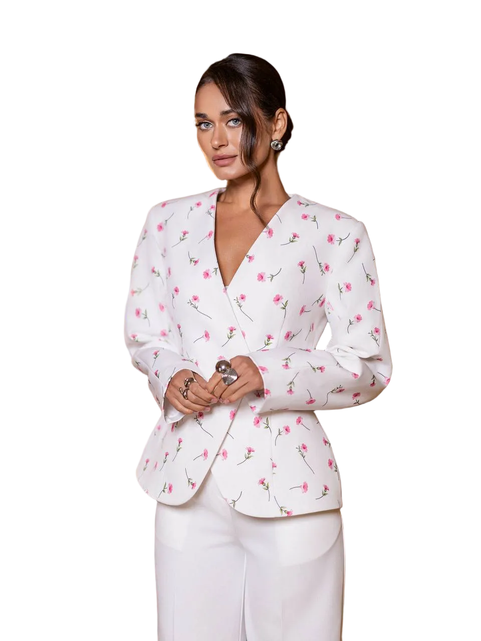 White Floral Blazer Diagonal Crepe Womens Tailored V Neck Jacket