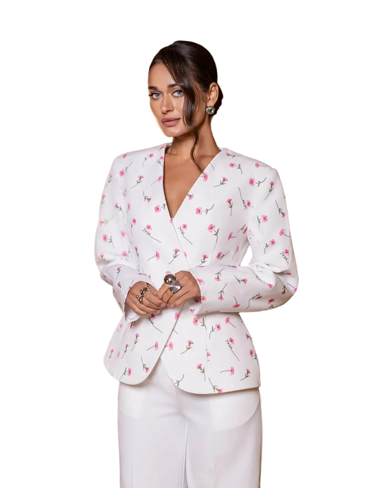 White Floral Blazer Diagonal Crepe Womens Tailored V Neck Jacket