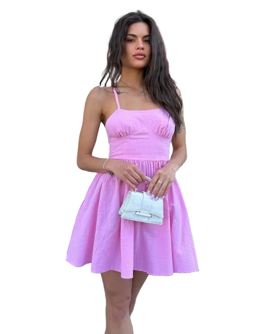 Pink Linen Sarafan Dress Lightweight Adjustable Straps Elastic Back Summer Sundress