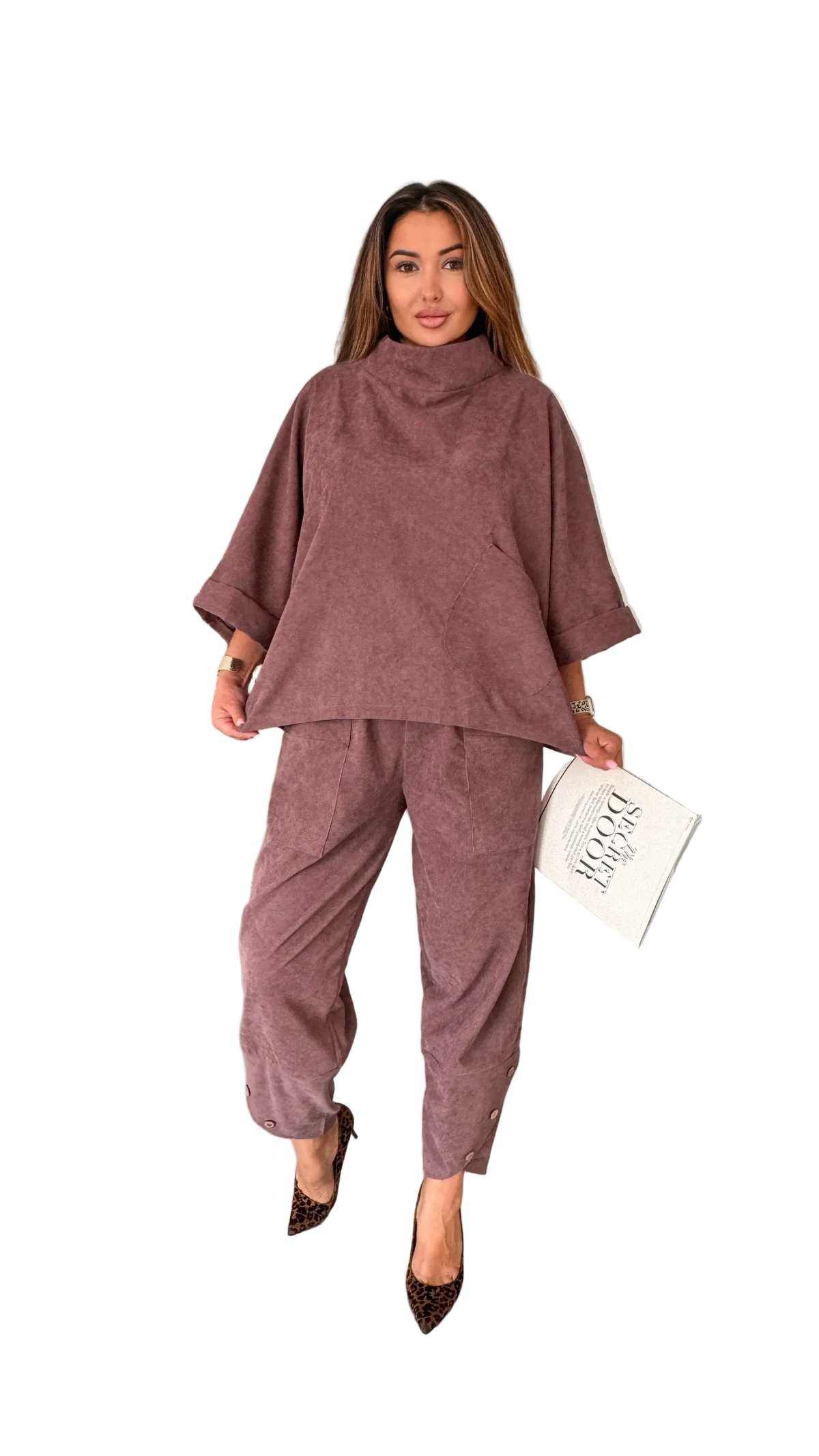 Boho Two Piece Suit for Women Dusty Rose Tunic Top and Elastic Waist Pants
