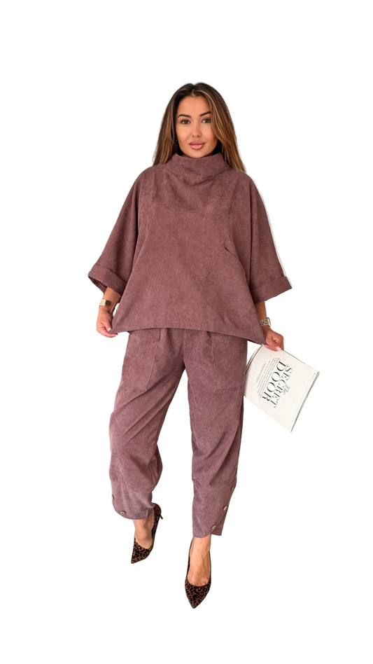 Boho Two Piece Suit for Women Dusty Rose Tunic Top and Elastic Waist Pants