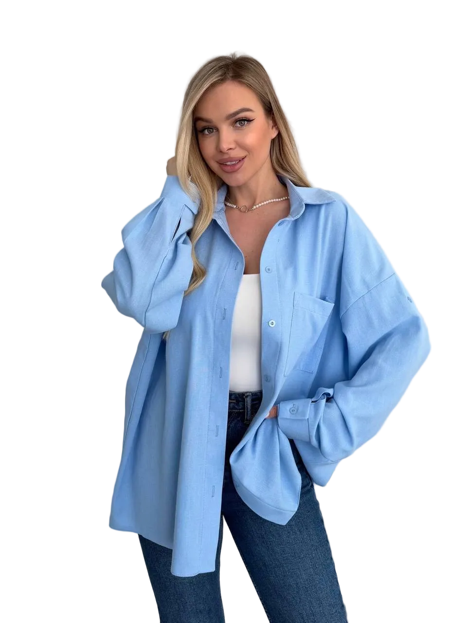 Light Blue Linen Oversized Shirt for Women Roll Tab Sleeve Relaxed Fit
