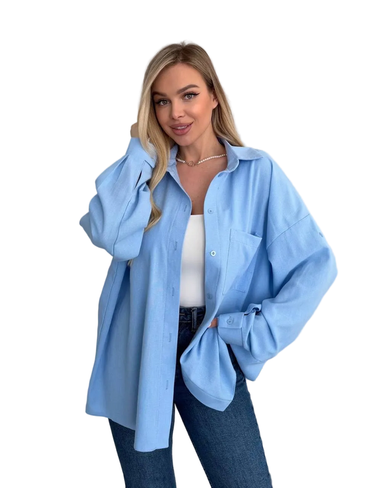 Light Blue Linen Oversized Shirt for Women Roll Tab Sleeve Relaxed Fit