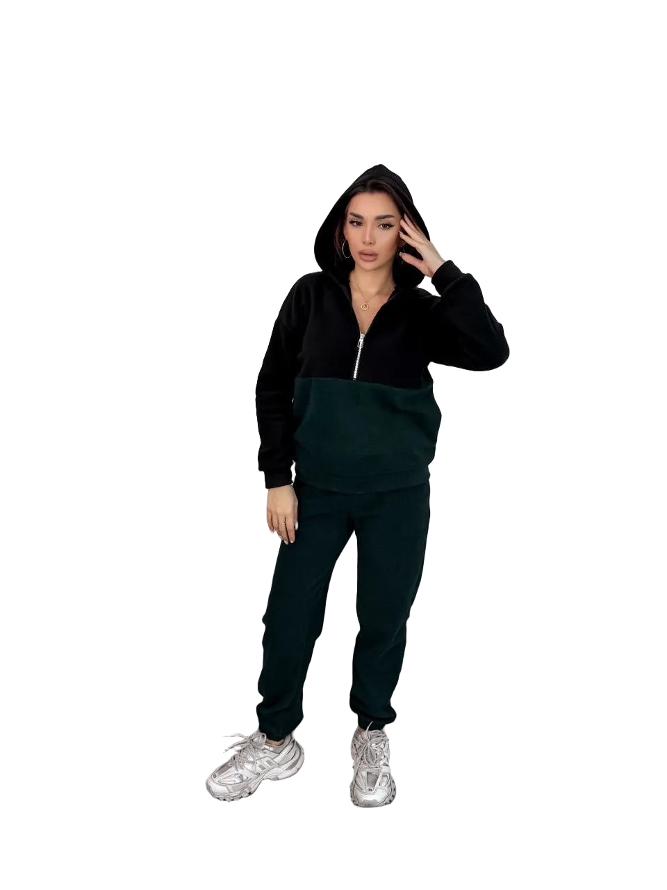 Two Tone Polar Fleece Tracksuit Black Dark Green Womens Hooded Zip Sweatshirt Jogger Set