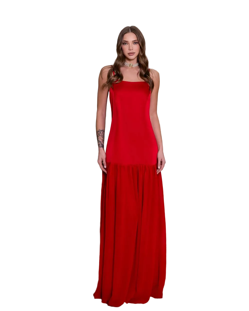 Red Premium Satin Windy Chiffon Maxi Dress Evening Gown