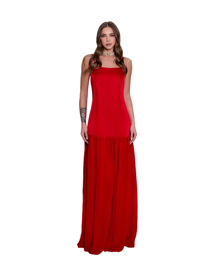 Red Premium Satin Windy Chiffon Maxi Dress Evening Gown